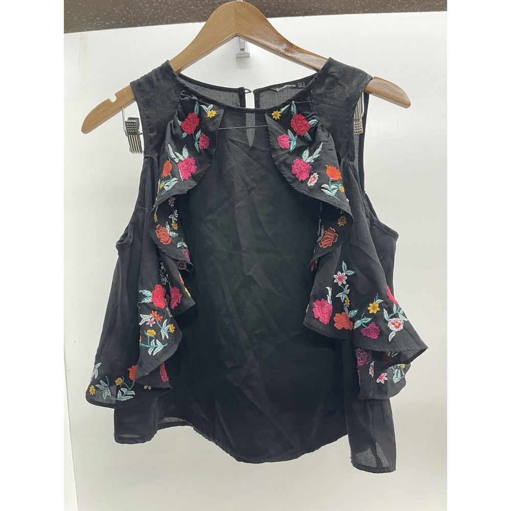 Stradivarius Black Sleeveless Ruffled‎ Top With Floral Embroidery Sz S